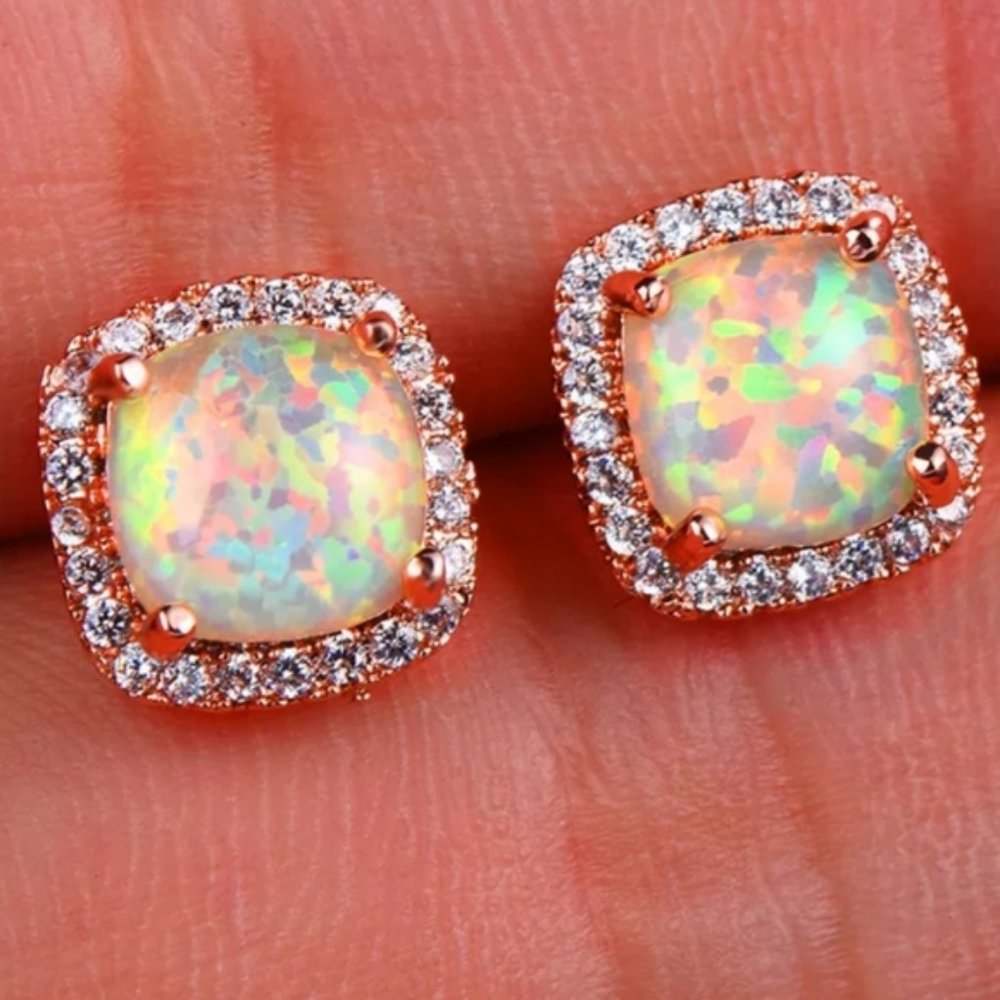 NEW 18K Rose Gold White Opal Diamond Halo Earrings - Picture 2 of 6